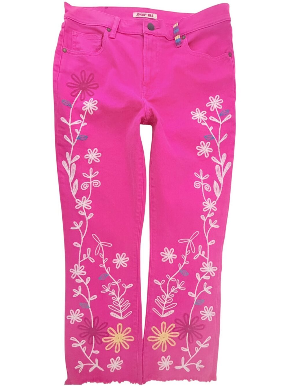 Johnny Was Pink Mid Rise Floral The Cropped Baby Boot Jeans Cotton Women's 30